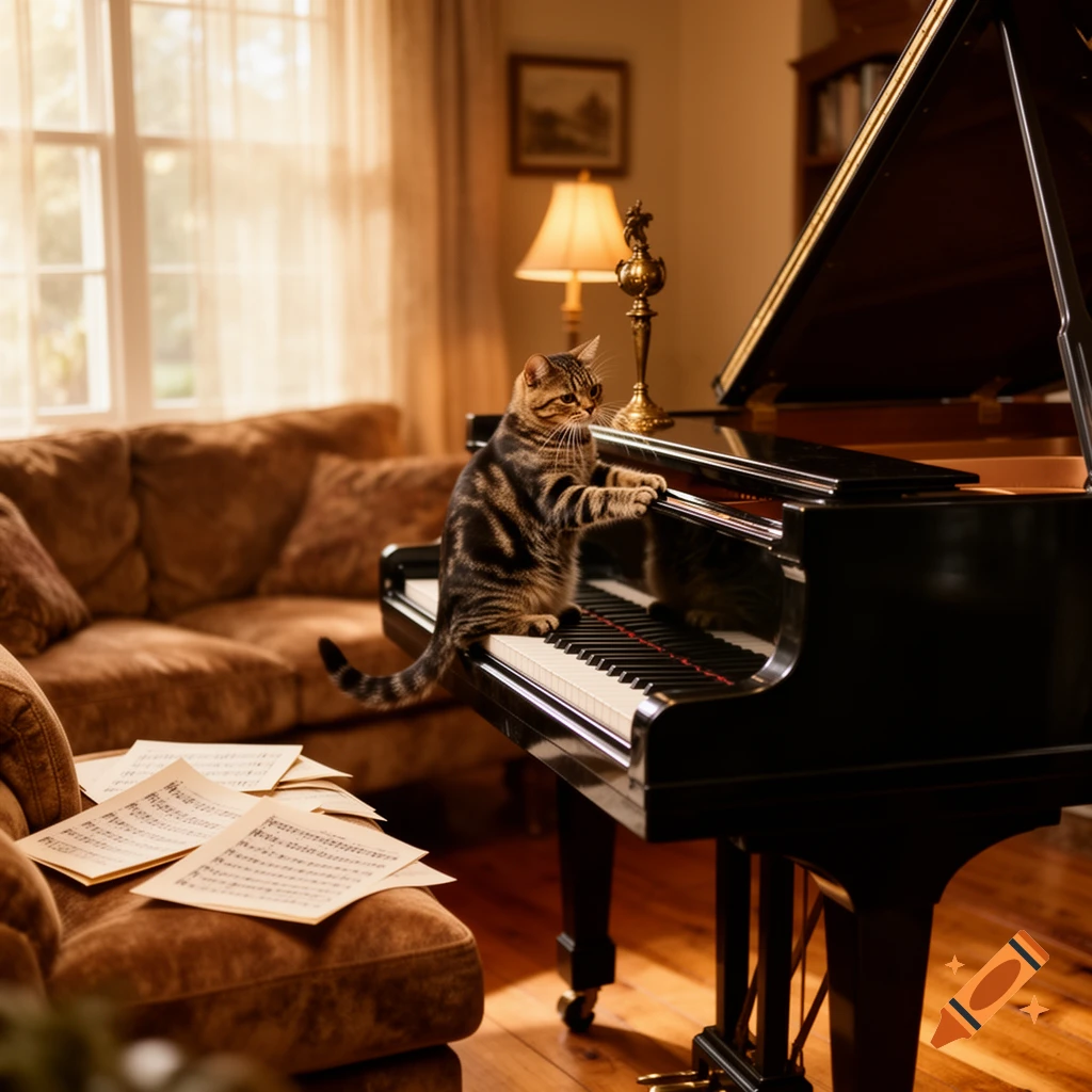 A photorealistic tabby cat stands on the keys of a grand piano in a warmly lit living room, with sheet music on a nearby sofa.
