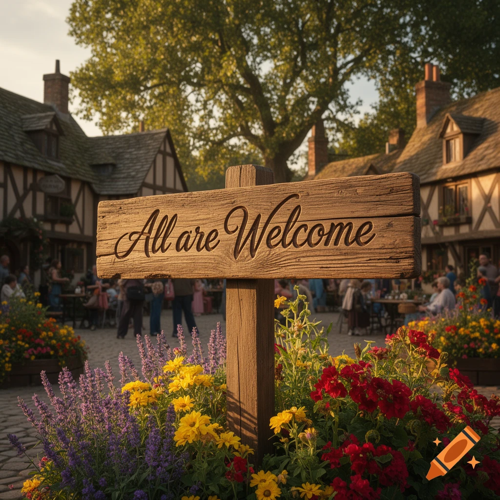 A wooden sign carved with 'All are Welcome' stands amidst colorful flowers in a bustling village square, bathed in warm sunlight.