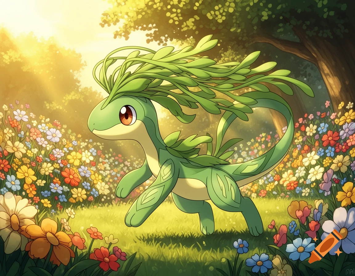 A cute, green, leaf-haired grass-type Pok emon stands in a sunny, flower-filled forest clearing in an anime style.
