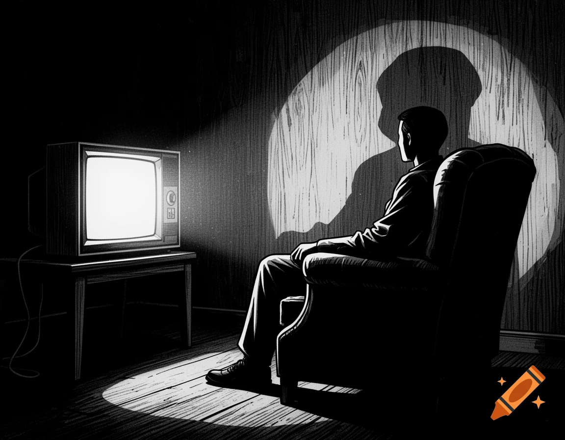 Black and white illustration of a person's silhouette watching a glowing vintage TV in a dark room, casting a large shadow.