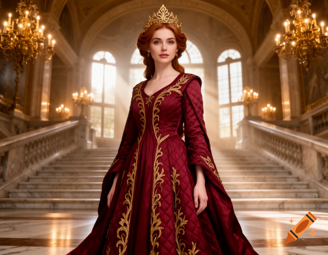A photorealistic queen in a red and gold gown and crown stands in a majestic, sunlit grand hall with a wide staircase.