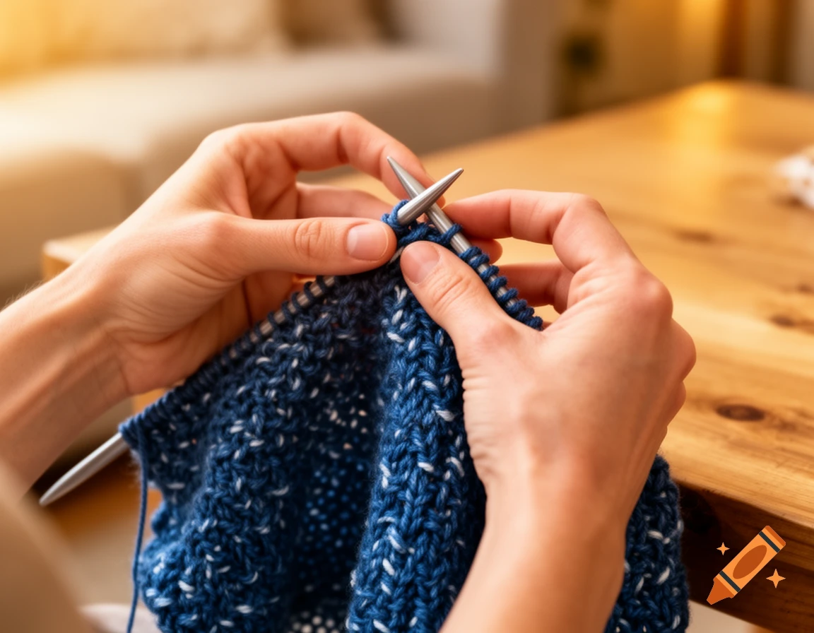 Close-up of hands knitting a blue and white speckled woolen garment with metal needles, against a blurred wooden table.