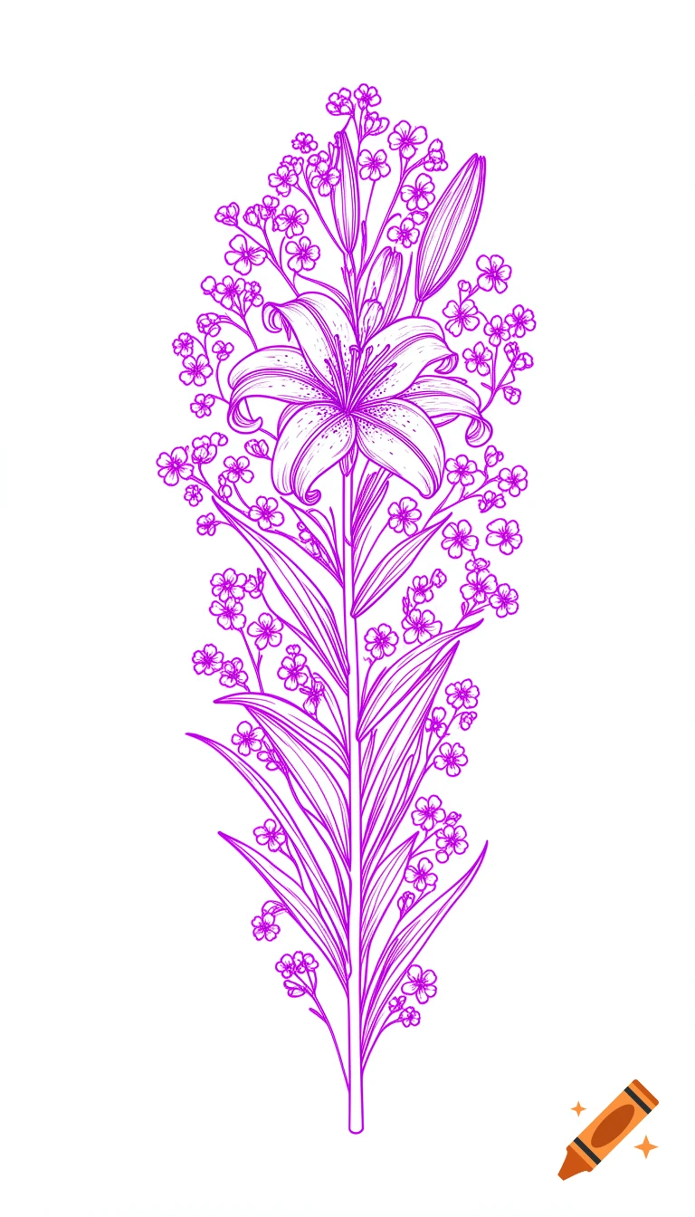Clean minimalist line art of a tall vertical lily stalk surrounded by tiny micro filler flowers, with bold lilac purple outlines on a pure stark white background, in a vector coloring book style.