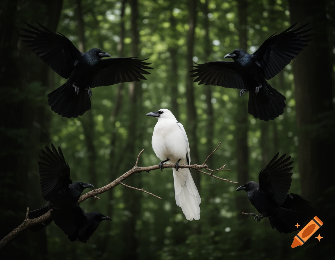A white magpie on a branch is encircled by four black crows in a lush forest, photorealistic.