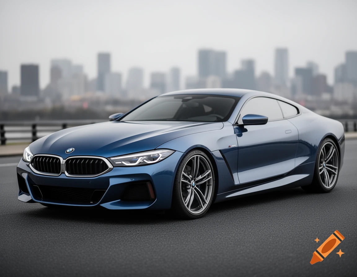 A sleek blue BMW sports car is parked on asphalt with a blurred city skyline in the background, captured in a photorealistic style.