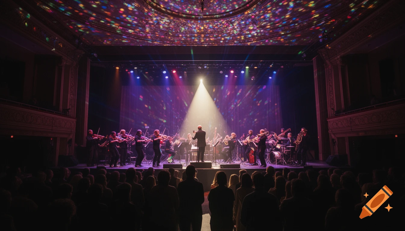 A photorealistic image of an orchestra and conductor performing on a stage under colorful lights to an audience.