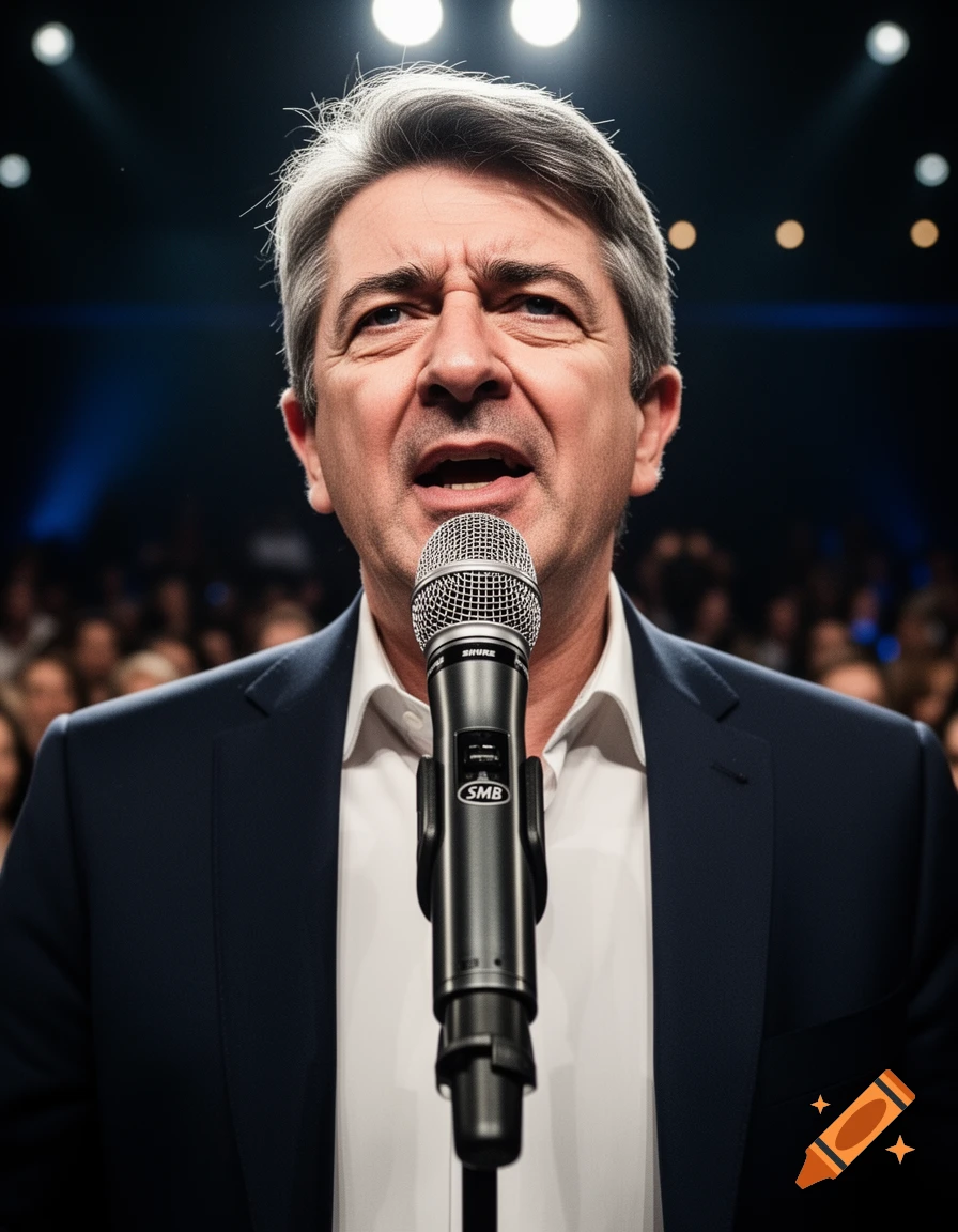 Photorealistic portrait of Jean-Luc Mélenchon speaking intensely into an SMB microphone on a dark stage with a blurred audience.