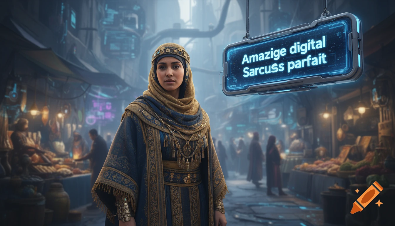 A woman in traditional Amazigh-inspired attire stands in a bustling futuristic market under a neon sign with text.