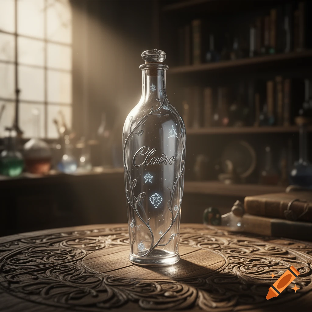 An ornate glass bottle engraved with 'Claire' and silver vine patterns, featuring glowing symbols, sits on a carved wooden table in a sunlit alchemy lab.