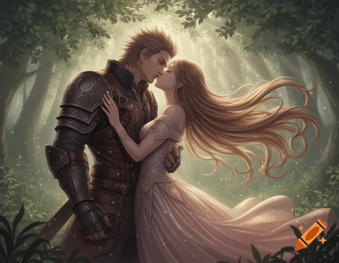A knight in ornate armor leans in to kiss a woman with long, flowing hair in a luminous fantasy forest, rendered in an anime style.