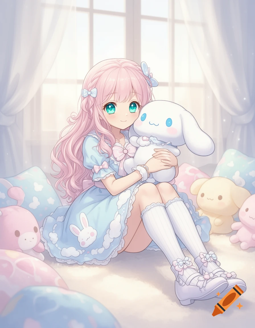 A cute anime girl with pink hair and a light blue dress sits, holding a Cinnamoroll plush surrounded by pastel toys.