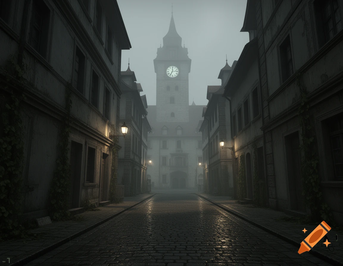 A dark and foggy street with cobblestones leading towards a tall clock tower in the distance, flanked by old buildings.