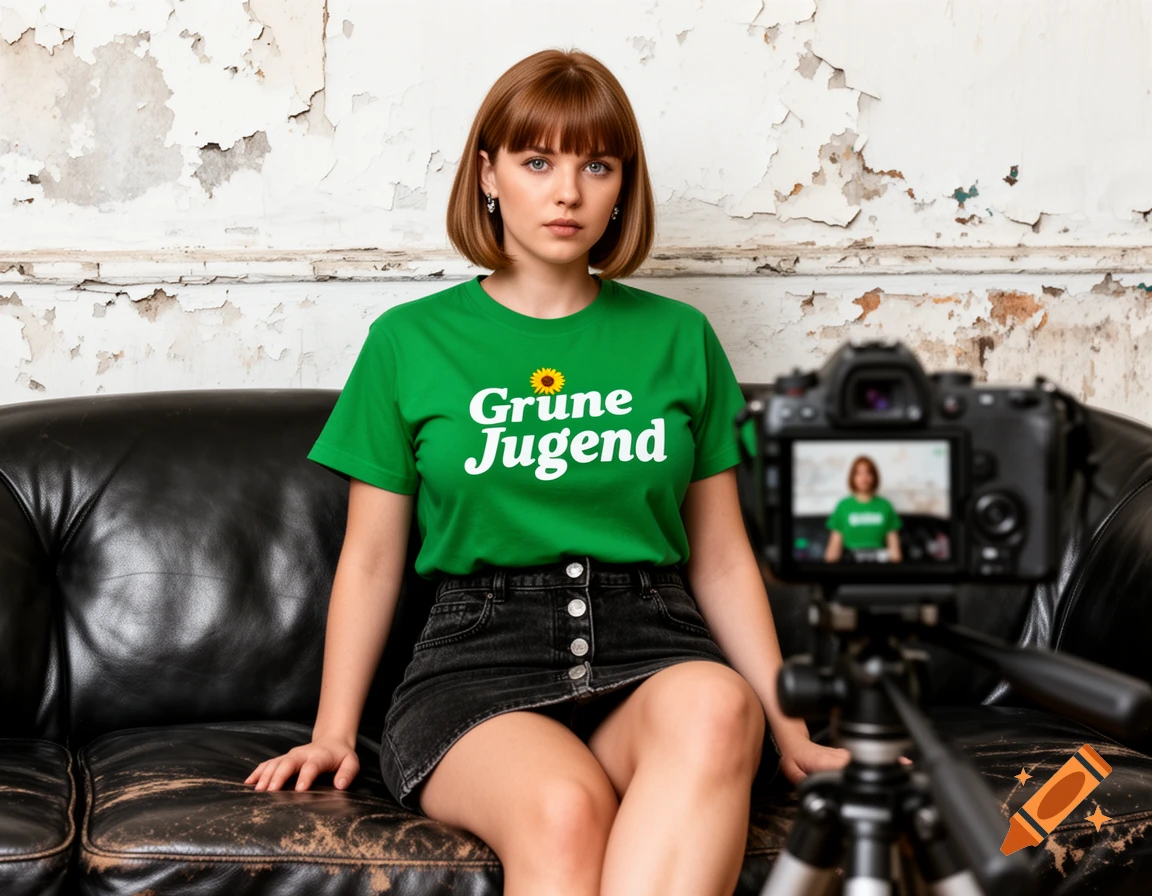 A young woman in a green 'Grüne Jugend' t-shirt and black denim skirt sits on a leather couch, being filmed by a camera on a tripod.