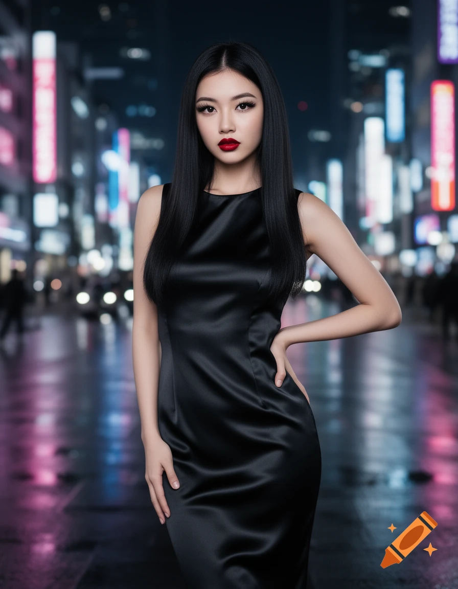 Photorealistic image of a woman in a black satin dress with long black hair and red lipstick, posing on a city street at night with neon lights.