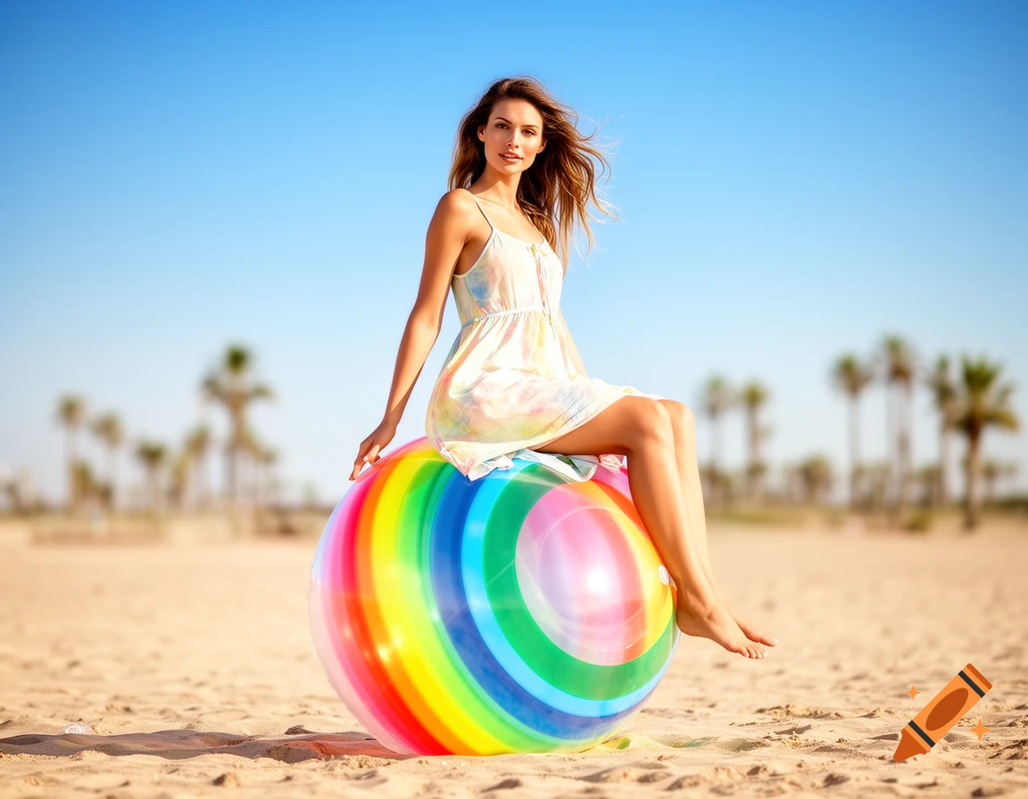 A woman in a sundress sits on a rainbow beach ball on a sandy beach under a clear blue sky, with palm trees in the background.