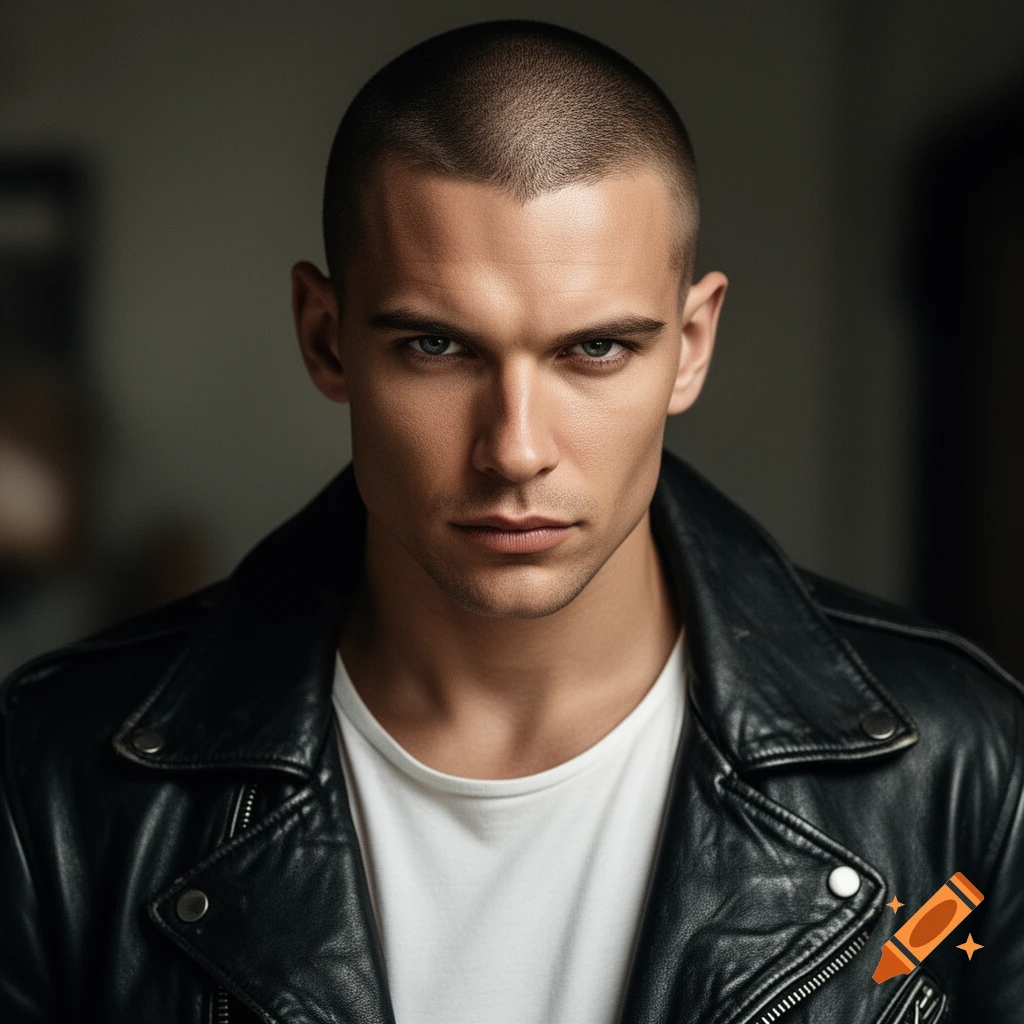 Photorealistic portrait of a man with a buzz cut, intense blue eyes, wearing a white t-shirt and a black leather jacket.
