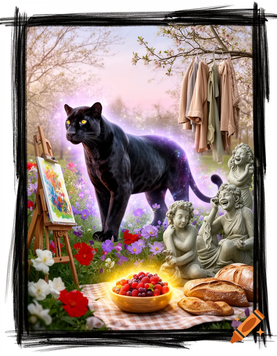 A glowing black panther stands in a vibrant flower field beside an easel, classical statues, a picnic, and clothes hanging from a tree branch.