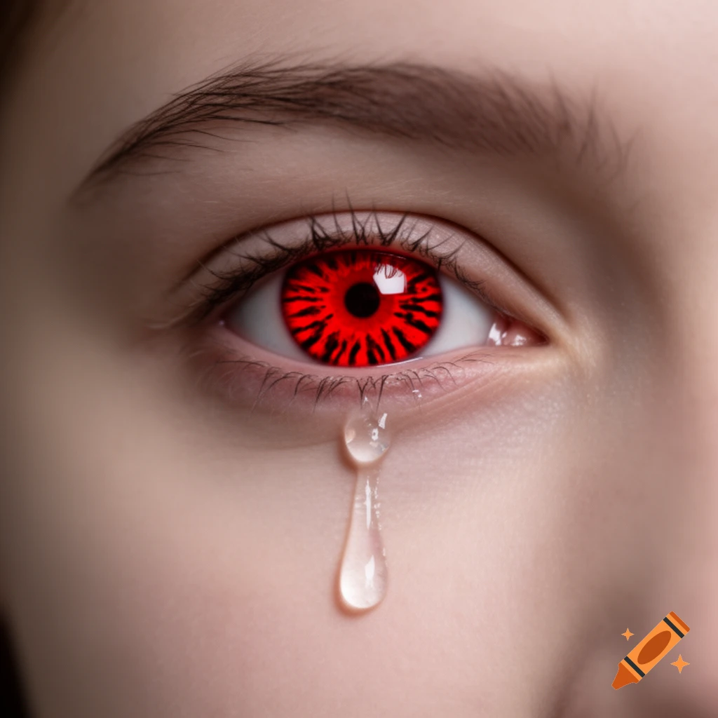 Close-up of a realistic human eye with a vibrant red, patterned iris and a single tear falling.
