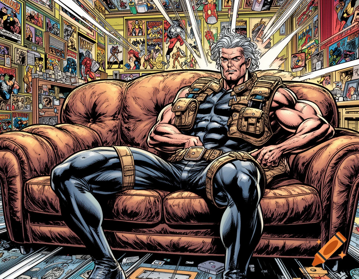 A muscular man with gray hair in tactical gear sits on a brown couch, surrounded by comic book covers in the style of Rob Liefeld.
