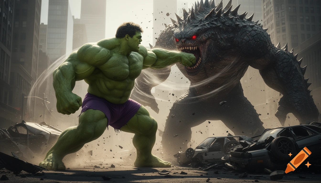 Hulk punches a large, spiky monster in a destroyed city with skyscrapers in the background, cinematic style.