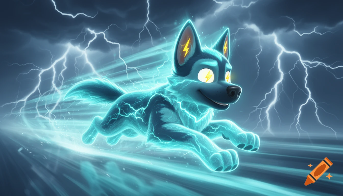 A cartoon electric cyan German Shepherd dog with lightning bolt eyes runs at super speed through a stormy sky, surrounded by electric bolts.