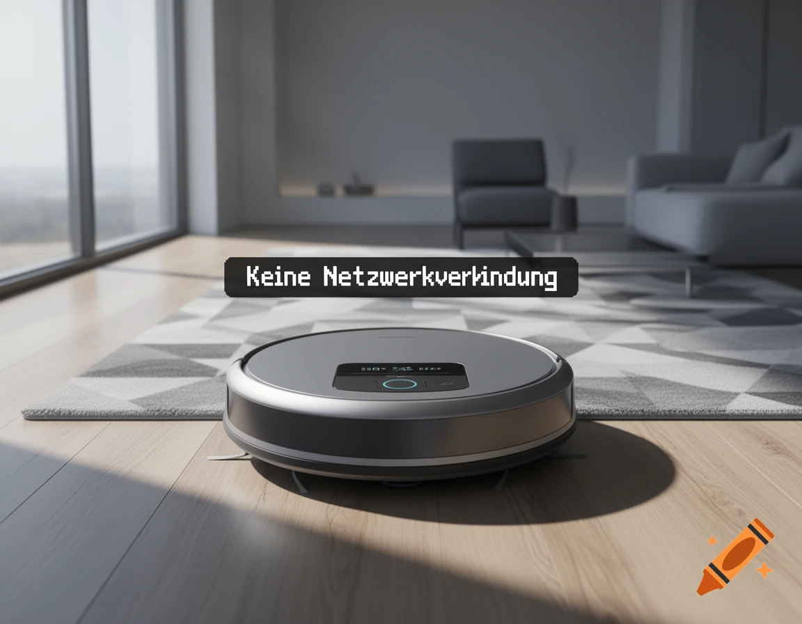 A 3D render of a robot vacuum cleaner in a modern living room, displaying 'Keine Netzwerkverbindung' (no network connection) error.
