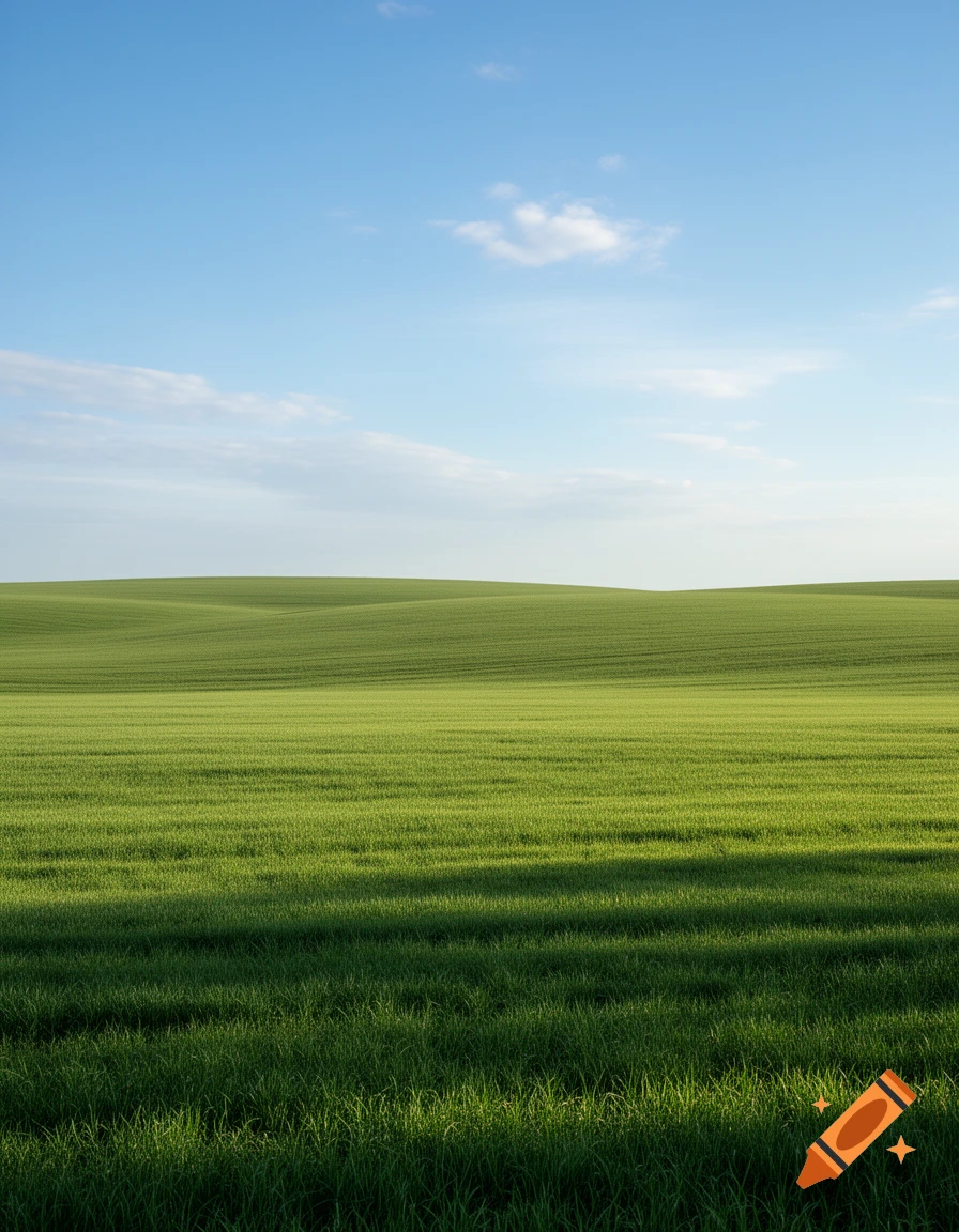 Vast undulating green field under a clear blue sky with wispy clouds, bathed in sunlight.