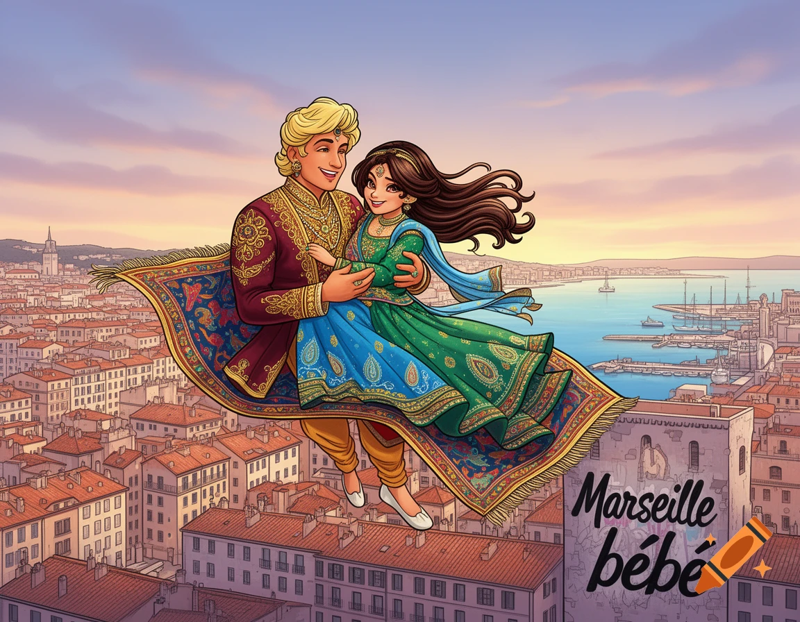 Cartoon prince and princess on a magic carpet soaring over Marseille cityscape with "Marseille bébé" text on a building.