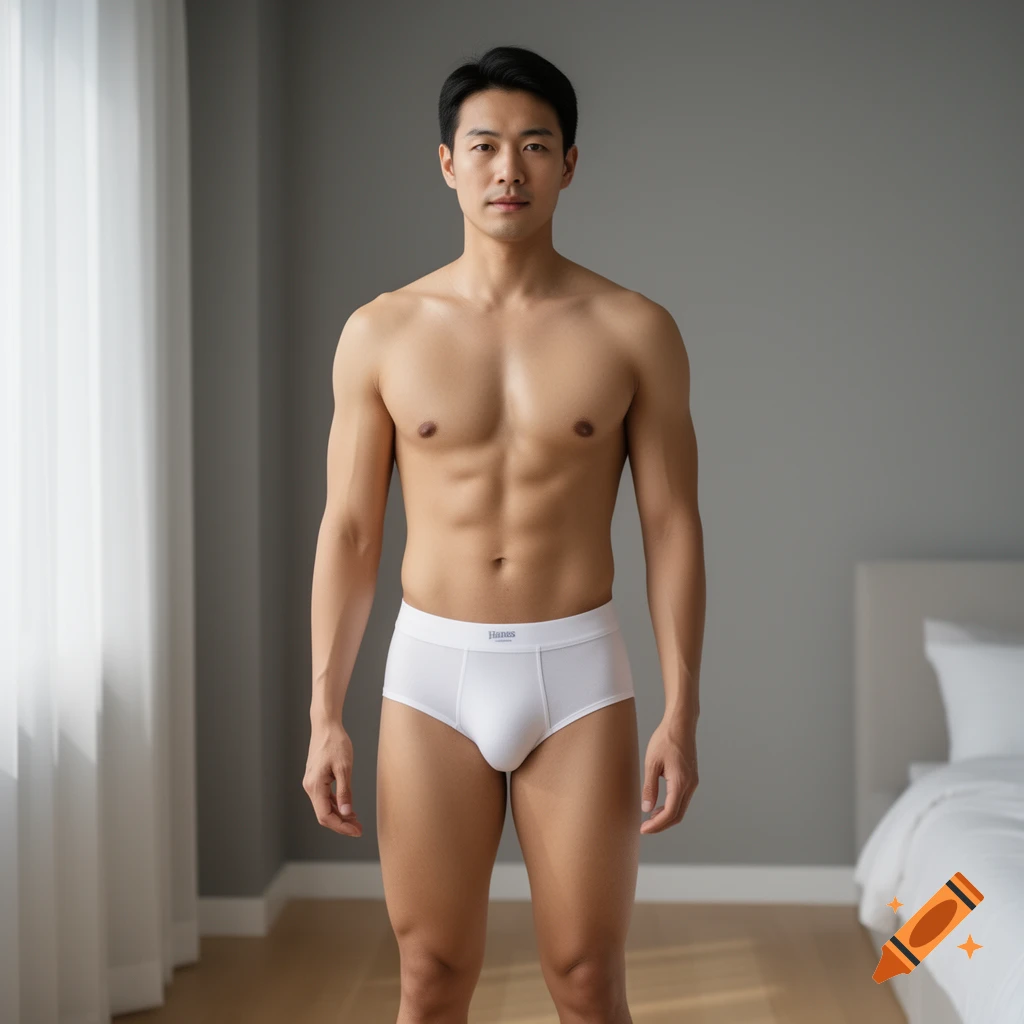 Photorealistic image of an Asian man standing shirtless in white Hanes briefs in a bright room.