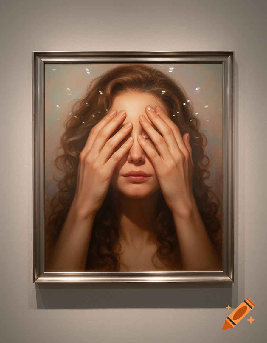 Realistic painting of a woman with curly brown hair covering her eyes with her hands, framed on a wall.