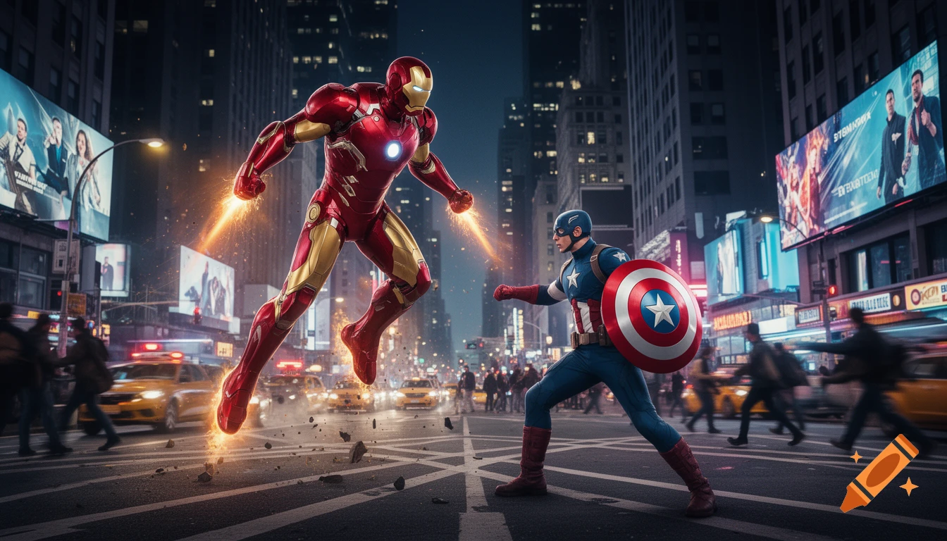 Iron Man, flying and emitting energy, confronts Captain America with his shield ready, in the middle of a bustling city street at night. Yellow taxis and blurred people fill the background under towering buildings and illuminated billboards.