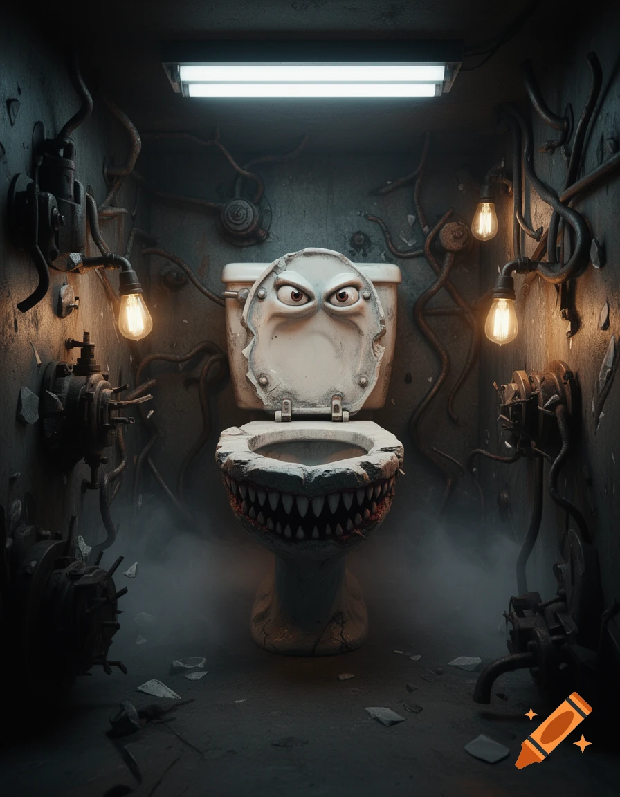 An angry-faced, fanged monster toilet in a dark, grimy industrial room with exposed pipes, wires, and dim bare bulb lighting.