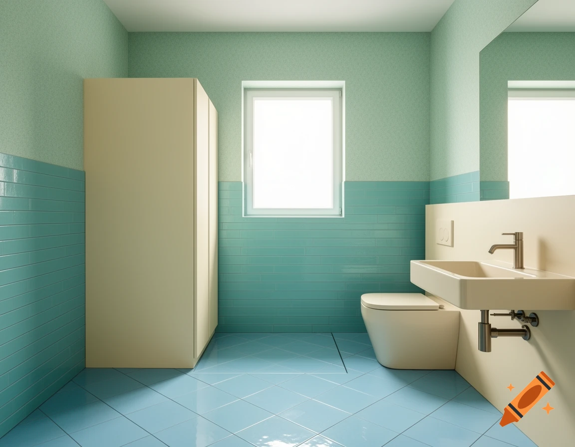 Minimalist bathroom with mint green and turquoise walls, sky blue floor tiles, a cream-colored sink, toilet, and cabinet.