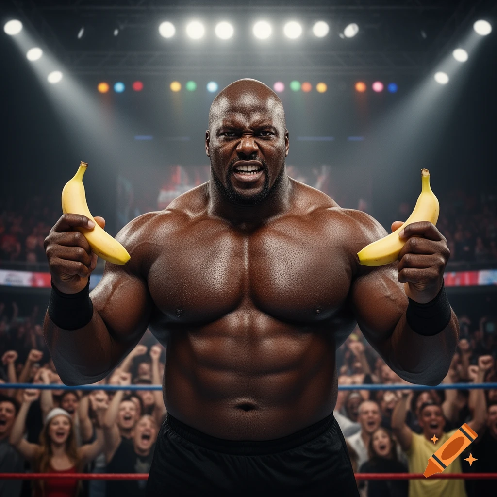 Muscular wrestler in a ring, holding a banana in each hand, with a cheering crowd. Photorealistic.