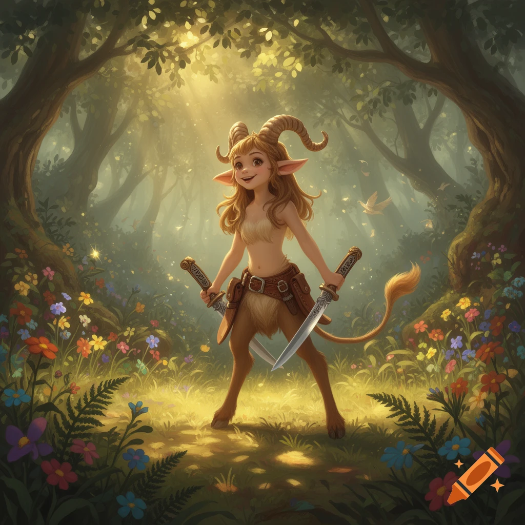 A cheerful, cartoony satyr girl with horns, floppy ears, and a tufted tail stands in a sunlit forest, holding two daggers.
