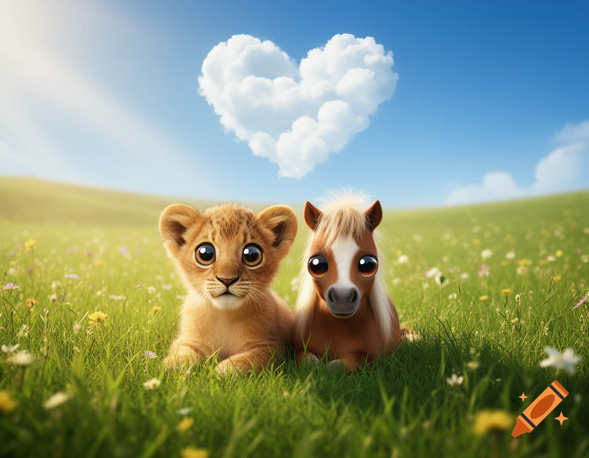 A cute baby lion and a small pony with big eyes sit in a sunny green meadow with a heart-shaped cloud in the blue sky.