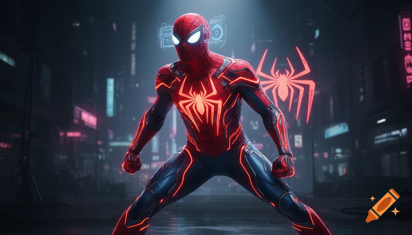 A full-body shot of a futuristic Spider-Man in a glowing red and deep blue tech-suit with neon circuits, standing in a dark cyberpunk city.