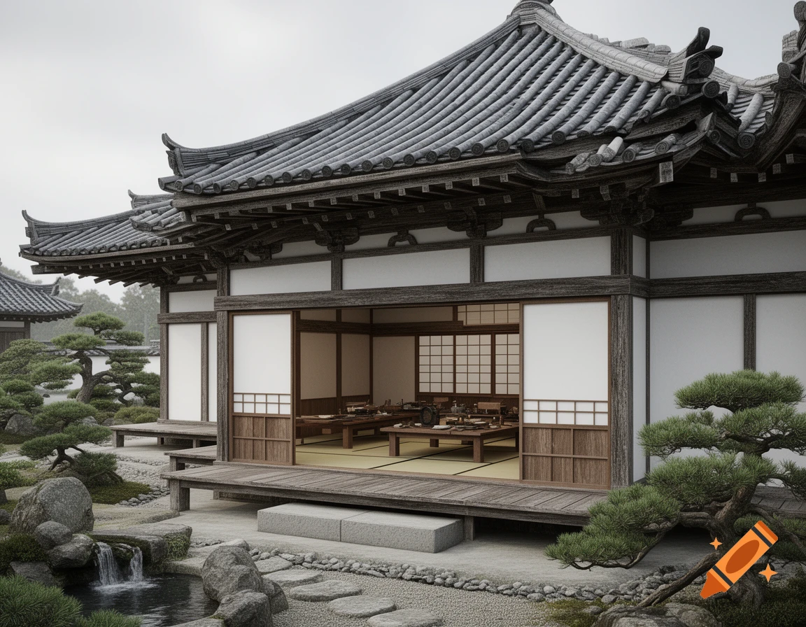 Photorealistic 3D render of a traditional Japanese feudal building with an open interior, set in a serene garden with a pond and waterfall.