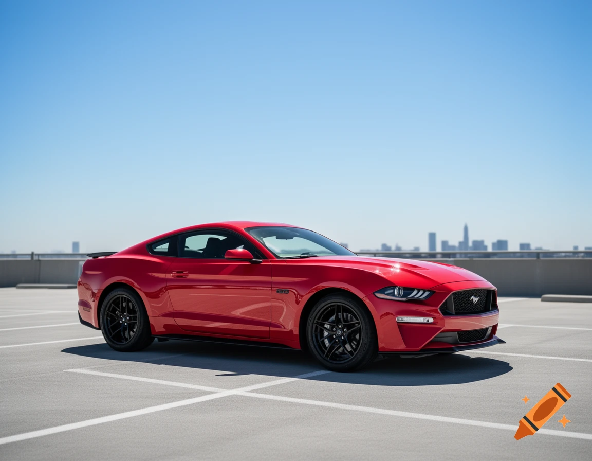 A shiny red Ford Mustang sports car parked in an empty outdoor parking lot, with a distant city skyline under a clear blue sky.