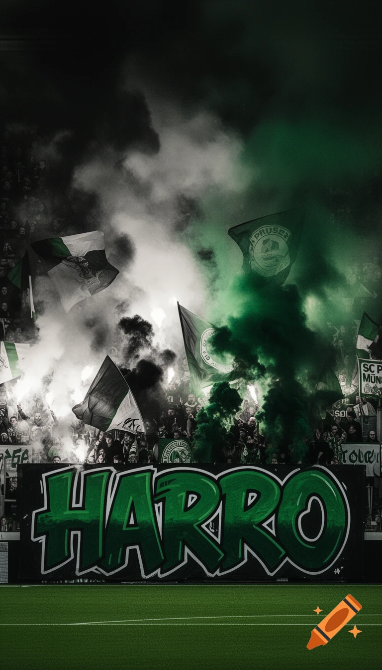 Dramatic photo of a football stadium with a crowd, green and white flags, and pyro smoke. Green graffiti-style text "HARRO" is in the foreground.