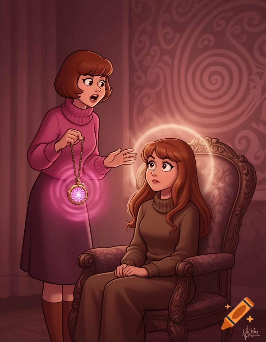 Animated image of a woman resembling Velma holding a glowing, swirling pocket watch to hypnotize another woman in a chair.