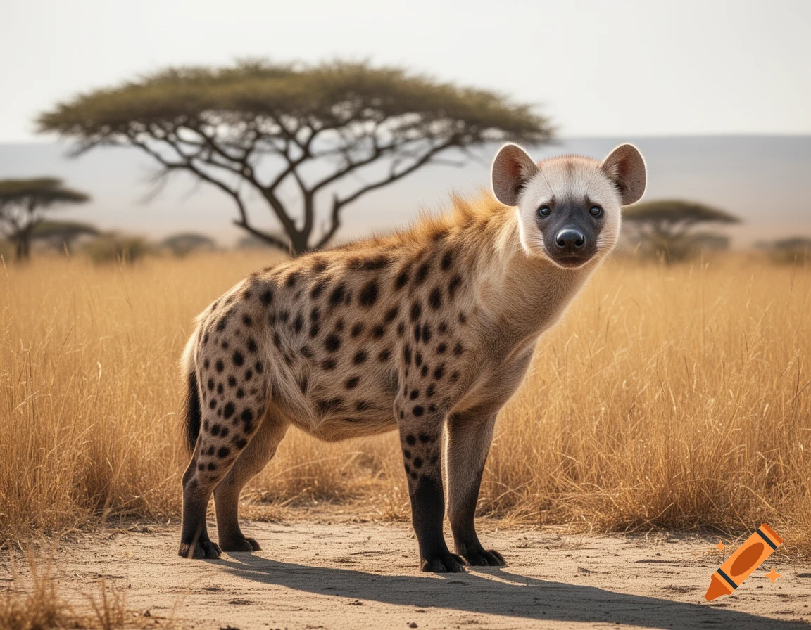 A spotted hyena stands on a dirt path in a golden savanna landscape, looking towards the viewer. Trees are in the background.