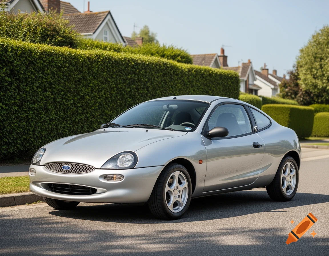 A silver Ford Puma coupe is parked on a sunny residential street with green hedges and houses in the background.