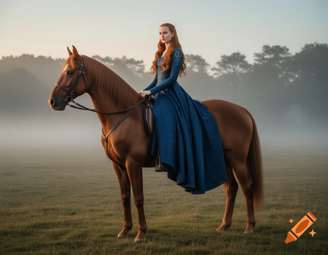 A red-haired woman in a blue medieval-style dress rides a brown horse in a foggy field at dawn, photorealistic.