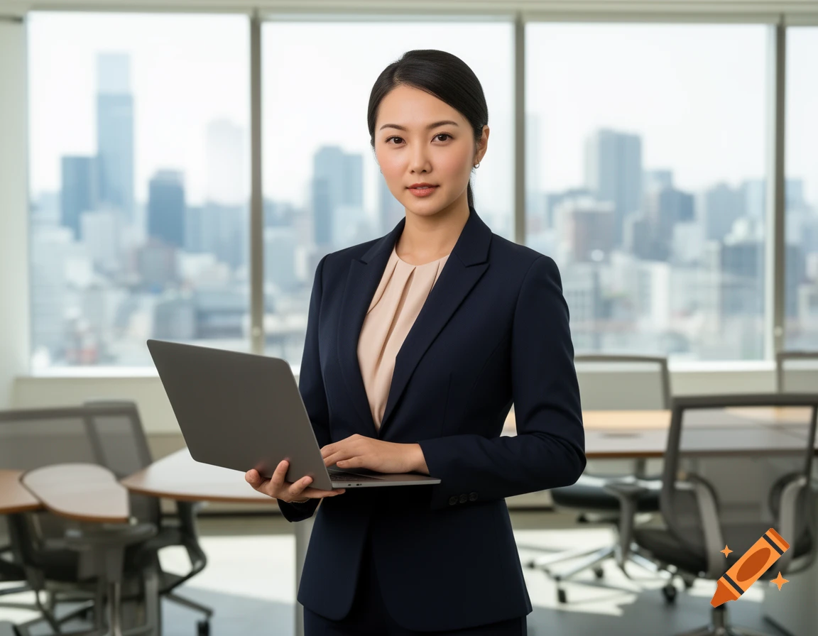 An Asian woman in a business suit holds a laptop in an office with a city skyline view.