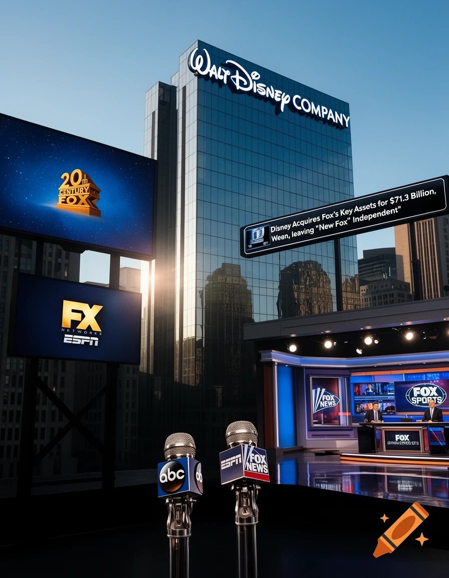A towering Walt Disney Company building stands against a clear sky, with large screens displaying 20th Century Fox, FX, and ESPN logos. In the foreground, a news studio setup features microphones for ABC and Fox News, and screens showing Fox News and Fox Sports.