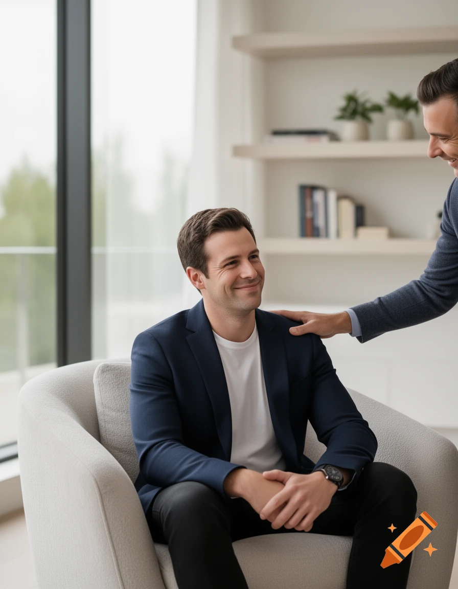 Photorealistic image of a man in a navy blazer sitting, smiling up at another man standing with a hand on his shoulder in a modern interior.