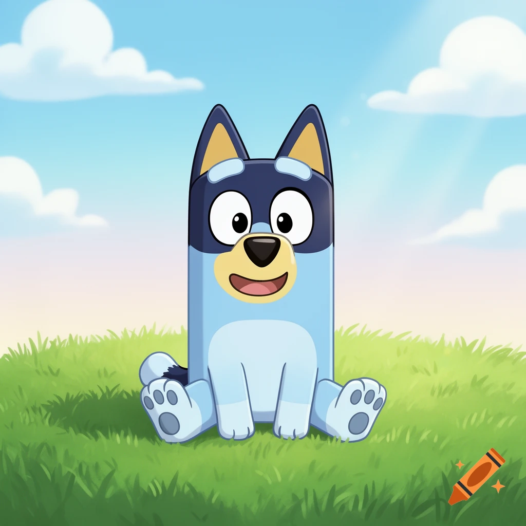 A blue cartoon dog with dark blue patches, resembling Bluey, sits on green grass under a blue sky with clouds.