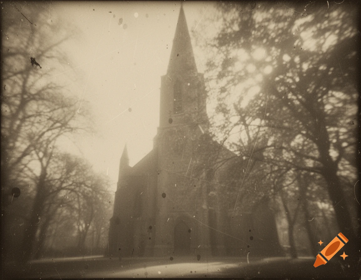 Sepia-toned vintage photograph of a blurry church steeple surrounded by bare trees, marked with scratches and degradation.