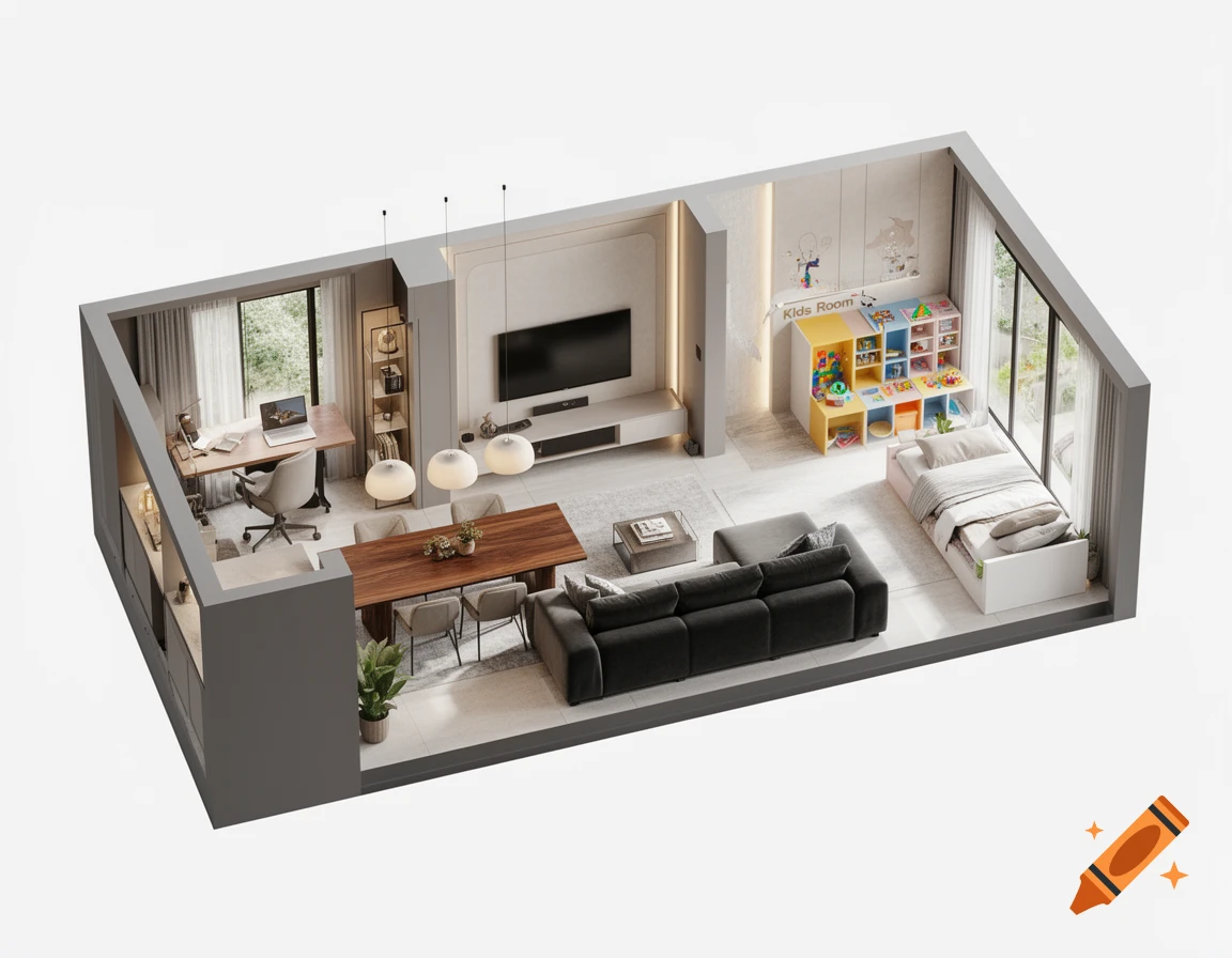 Isometric view of a modern apartment floor plan featuring a living room, dining area, office, and kids' room.